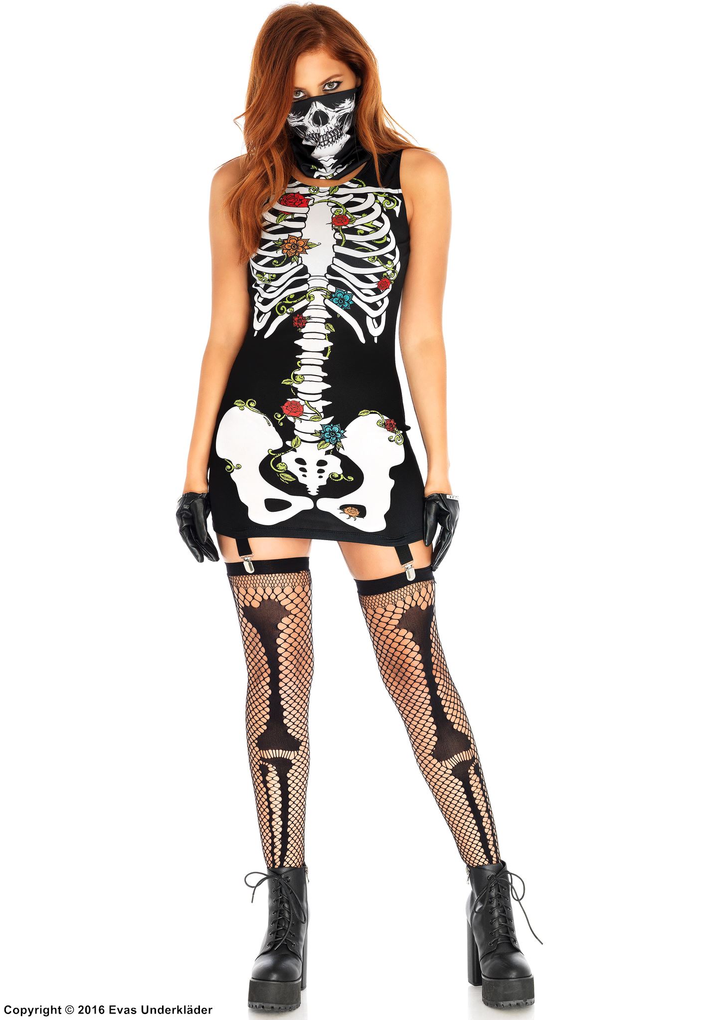 Mini dress, plain back, roses, built-in garter belt strap, skeleton